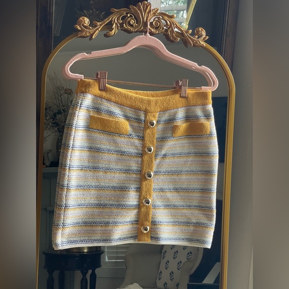 Milly Yellow and Blue Striped Tweed Skirt with Gold Buttons - Picture 2 of 12